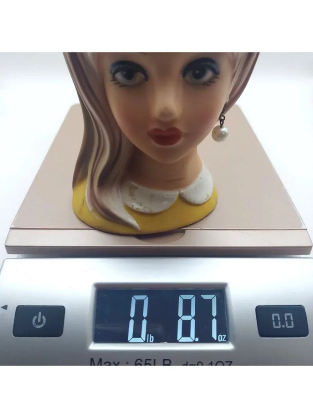 Napcoware Head Vase Lady Teen Ceramic Blonde Yellow Bow Pearl Earring MCM C8493